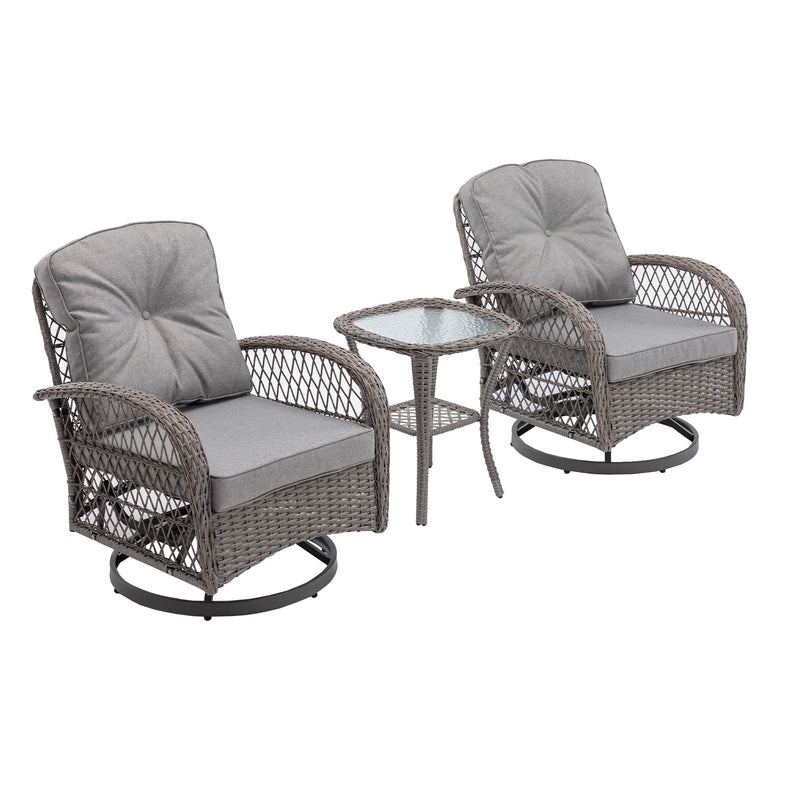 3 Pieces Outdoor Swivel Rocker Patio Chairs, 360 Degree Rocking Patio Conversation Set with Thickened Cushions and Glass Coffee Table for Backyard, Grey