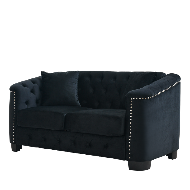 59-Inch Modern Chesterfield Velvet Sofa, 2-Seater Sofa, Upholstered Tufted Backrests with Nailhead Arms and 2 Cushions for Living Room, Bedroom, Apartment, Office (Black)