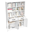 Bookcase Tall With 2 Doors & 2 Drawers, Fixed Open Shelves - White by HouseOfZazla