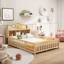 Full Size Montessori Floor Bed With Bookcases And boards, Solid Wood Platform Bed With Guard Rails And Storage Headboards - Natural by HouseOfZazla