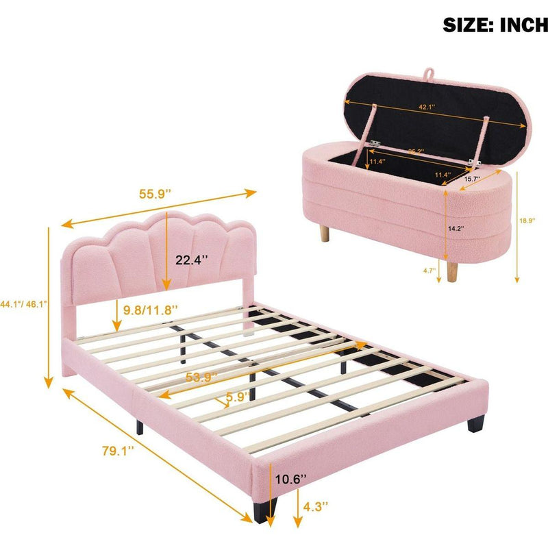 2-Pieces Bedroom Sets Full Size Flower-Shaped Upholstered LED Platform Bed with Storage Ottoman-Sherpa Fabric, Pink