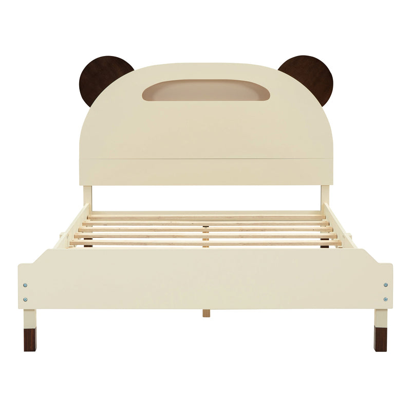 3-Pieces Bedroom Sets Full Size Bear-Shape Platform Bed with Nightstand and Storage dresser,Cream+Walnut