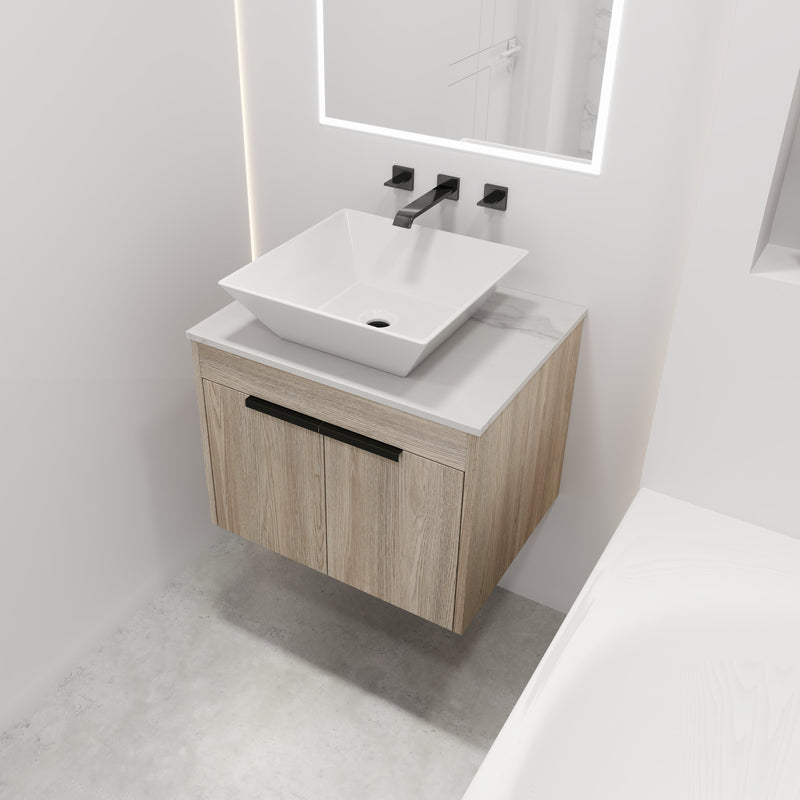 24" Modern Design Float Bathroom Vanity With Ceramic Basin Set, Wall Mounted White Oak Vanity With Soft Close Door, KD-PackingD-Packing Pieces