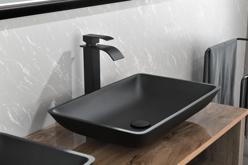 14.38" L -22.25" W -4-3/8 in. H Matte Shell Glass Rectangular Vessel Bathroom Sink in Black with Faucet and Pop-Up Drain in Matte Black