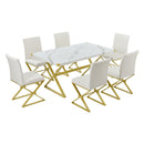 7-Piece Modern Dining Table Set, Rectangular Marble Texture Kitchen Table and 6 PU leather Chairs with X-Shaped Gold Steel Pipe Legs for Dining Room (White)