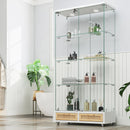 Glass Display Cabinet With LED Lights, Tempered Glass Doors, Large Drawers, 2 Door Storage Case With 4 Shelves - Natural / White by HouseOfZazla