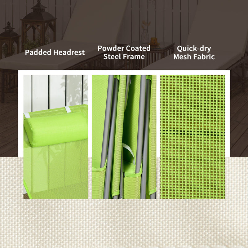 2 Piece Folding Chaise Lounge Chairs, Pool Sun Tanning Chairs, Outdoor Lounge Chairs with 6-Position Reclining Back, Breathable Mesh Seat, Headrest for Beach, Yard, Patio, Green