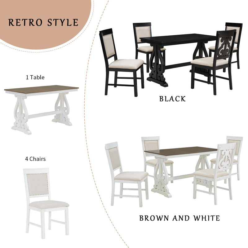 5-Piece Retro Dining Set, Rectangular Wooden Dining Table and 4 Upholstered Chairs for Dining Room and Kitchen (Brown+White)