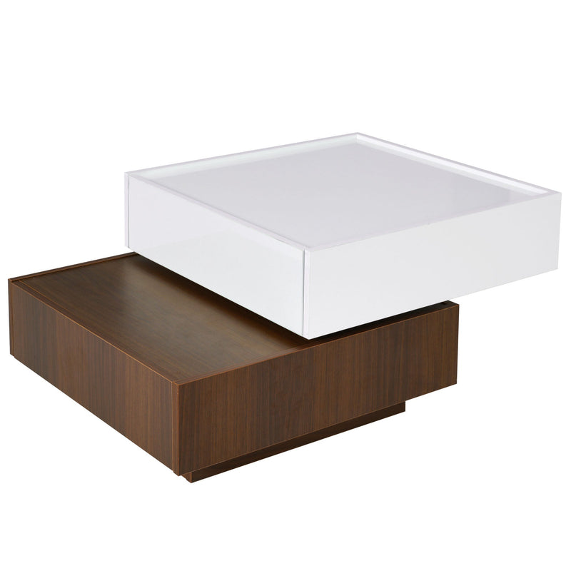 Walker Edison - Square 360°Rotating Coffee Table with 2 Drawers, High Gloss 2-Tier Center Table with Swivel Tabletop and Storage, Walnut Table Frame Side Table for Living Room, White