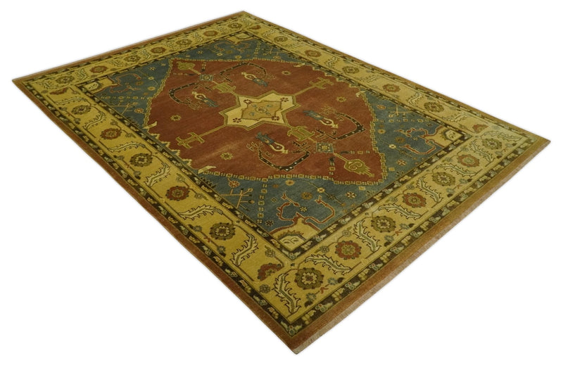 8.8x11.9 Rust, Gold and Blue Heriz Traditional Vintage Style Antique Look Hand Knotted Wool Area Rug