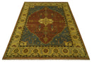 8.8x11.9 Rust, Gold and Blue Heriz Traditional Vintage Style Antique Look Hand Knotted Wool Area Rug