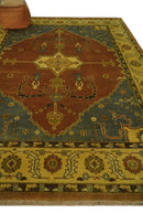 8.8x11.9 Rust, Gold and Blue Heriz Traditional Vintage Style Antique Look Hand Knotted Wool Area Rug