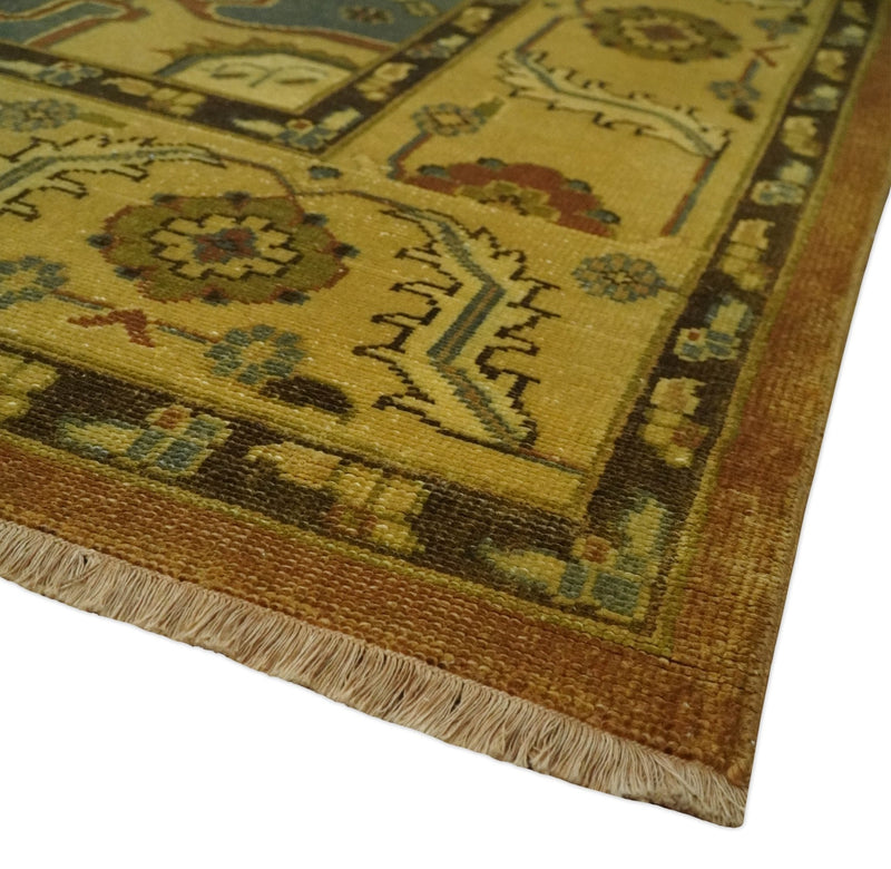 8.8x11.9 Rust, Gold and Blue Heriz Traditional Vintage Style Antique Look Hand Knotted Wool Area Rug