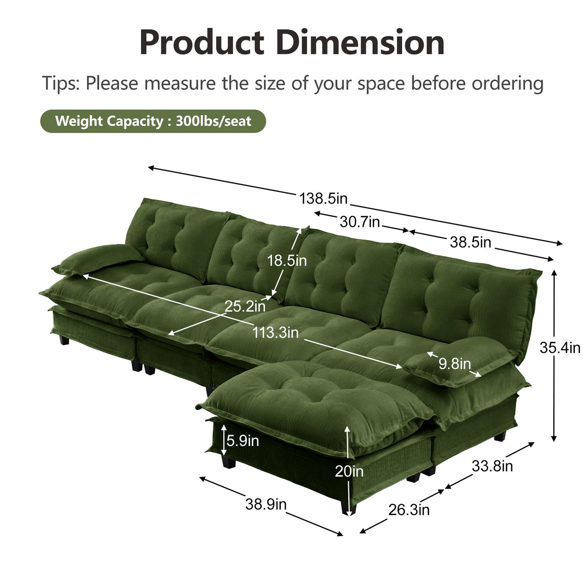 138" L Shaped Modern Sofa Modular Sectional Cloud Couch with Ottoman, photo 7 of 10