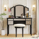 43" Dressing Table Set with Mirrored Drawers and Stool, Tri-fold Mirror, Makeup Vanity Set for Bedroom, Black