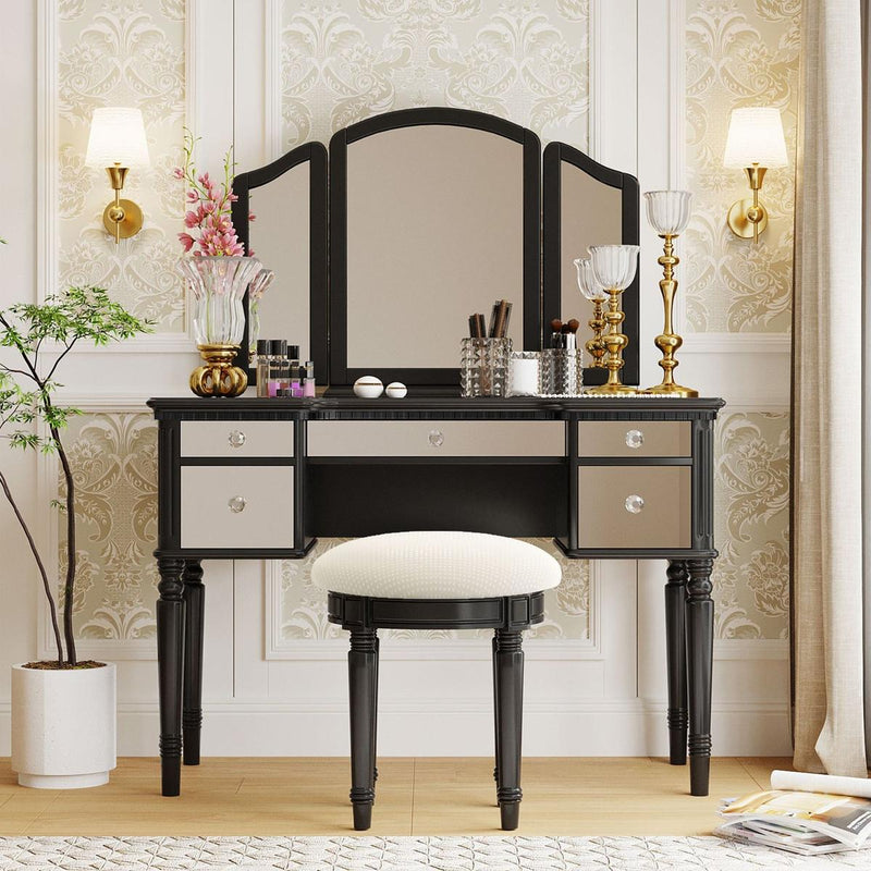 43" Dressing Table Set with Mirrored Drawers and Stool, Tri-fold Mirror, Makeup Vanity Set for Bedroom, Black