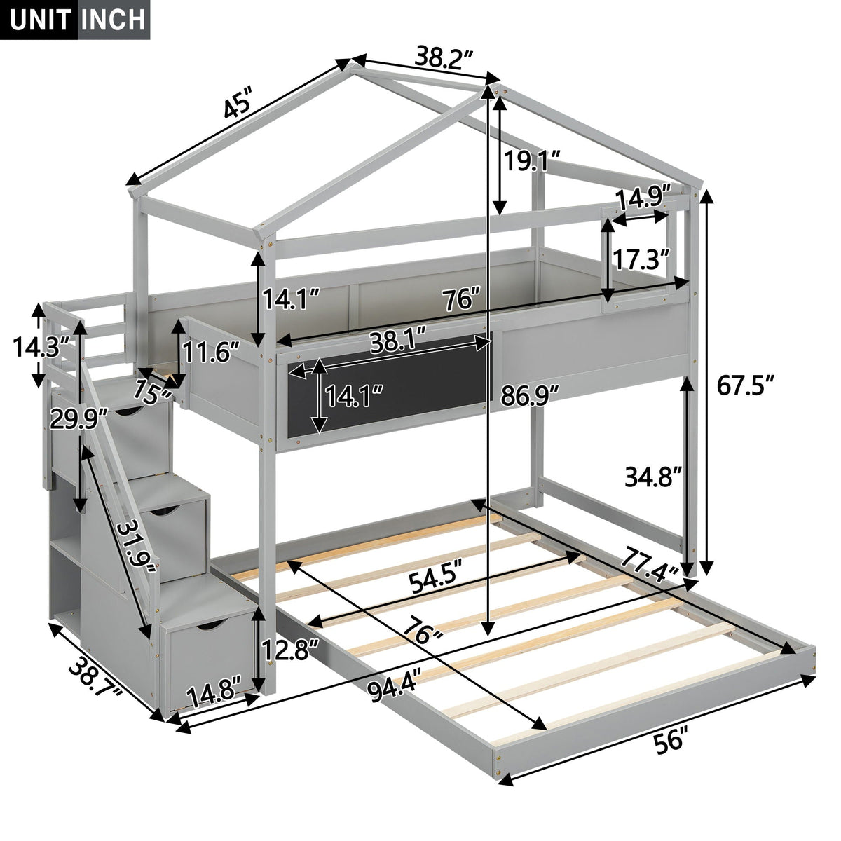 House Style Bunk Bed With Storage Staircase And board, photo 11 of 14