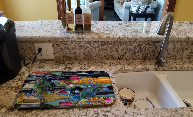 Blue Crabby Wine Bottles Dish Drying Mat – Absorbent, Artistic Kitchen Essentials 8917DDM
