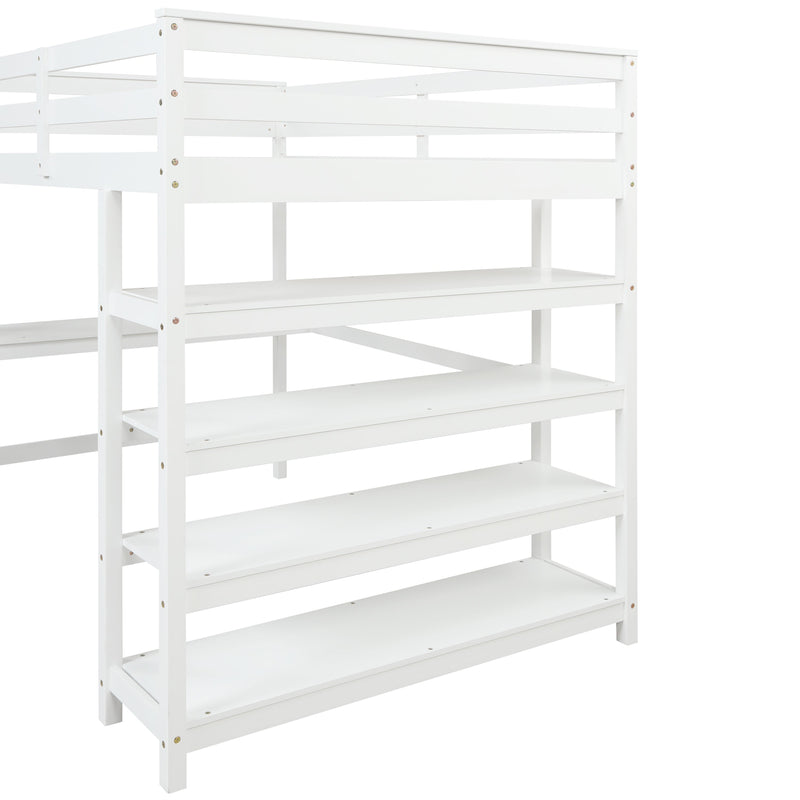 Loft Bed Full with desk,ladder,shelves, White