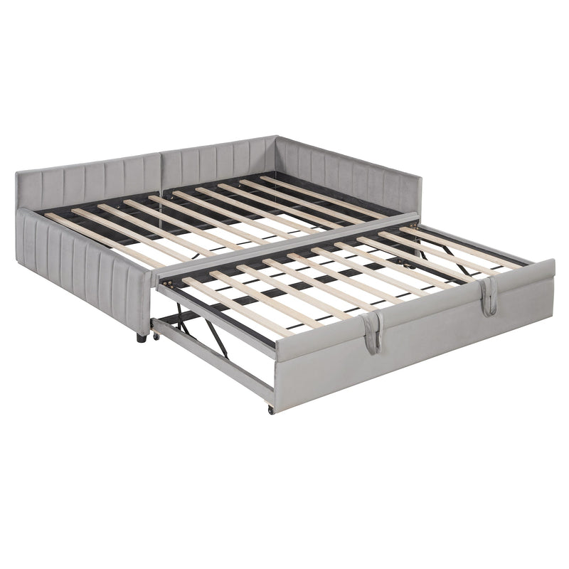 Full Size Upholstered L-Shaped Upholstered Daybed with Twin
Size Pop Up Trundle, Gray