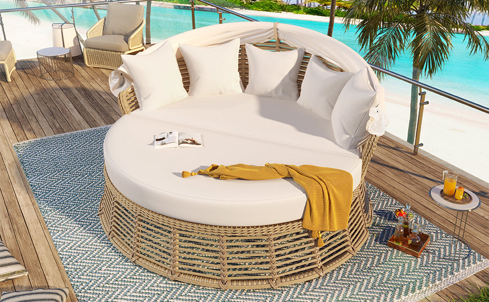 Outdoor Patio Rattan Round Daybed with Retractable Canopy, photo 8 of 10