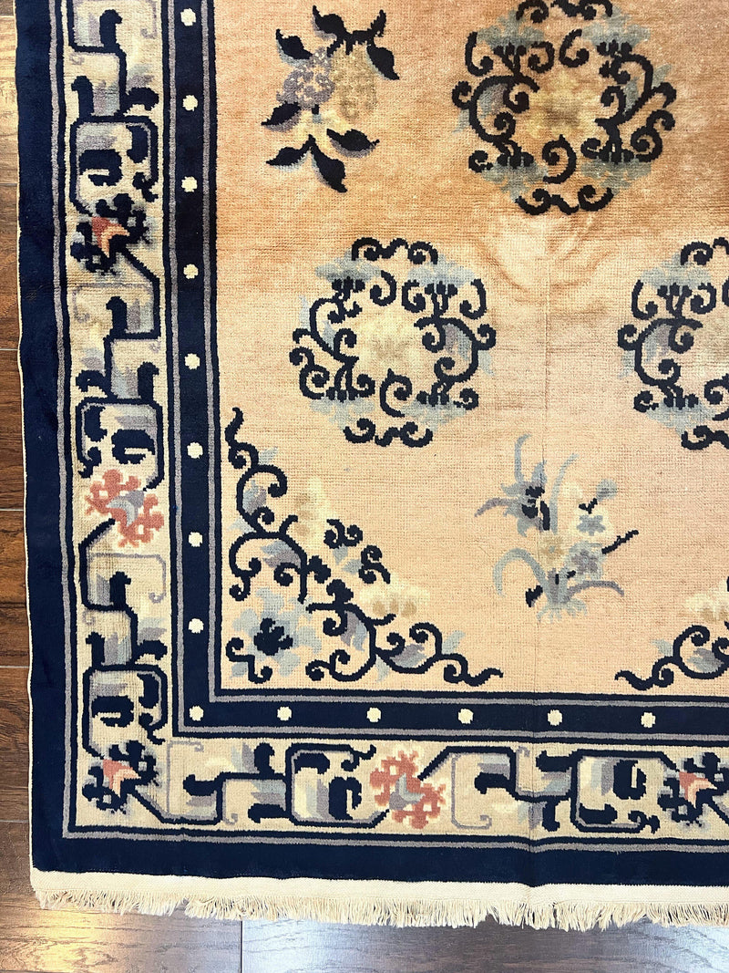 Chinese Peking Rug 4x6, Wool Hand Knotted Handmade Vintage Semi Antique Carpet, Semi Open Field, Light Peach & Navy Blue, Art Deco Rug