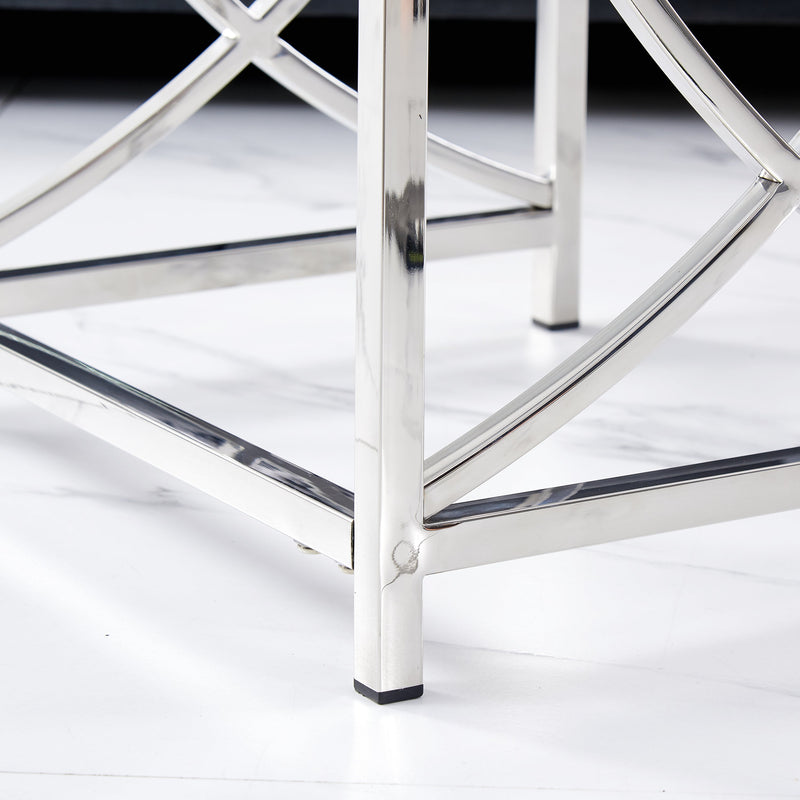 3 Pieces Silver Square Nesting Glass End Tables- Small Coffee Table Set- Stainless Steel Small Coffee Tables with Dark Gray Tempered Glass- 18" Modern Minimalist Side Table for Living Room (Curve)