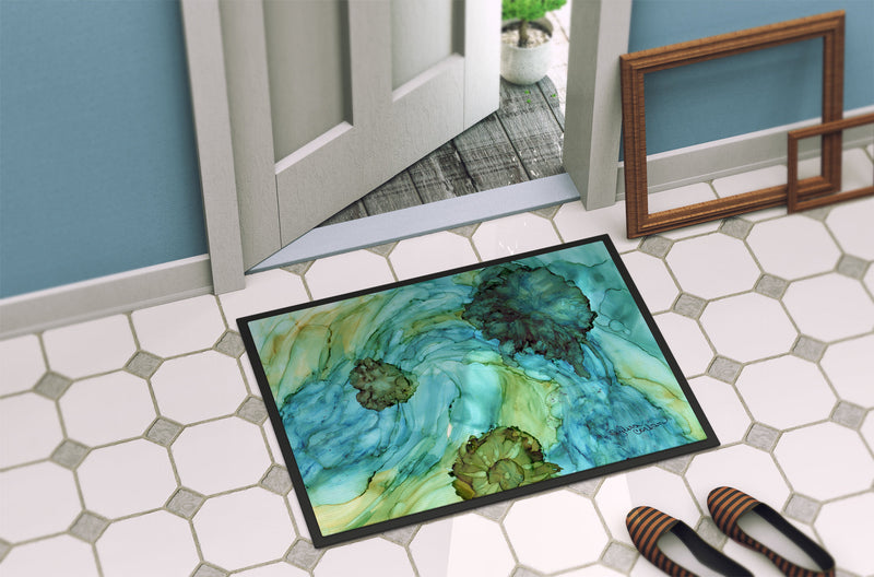Abstract in Teal Flowers Doormat - 24x36 Decorative Floor Mat – Indoor/Outdoor Rug