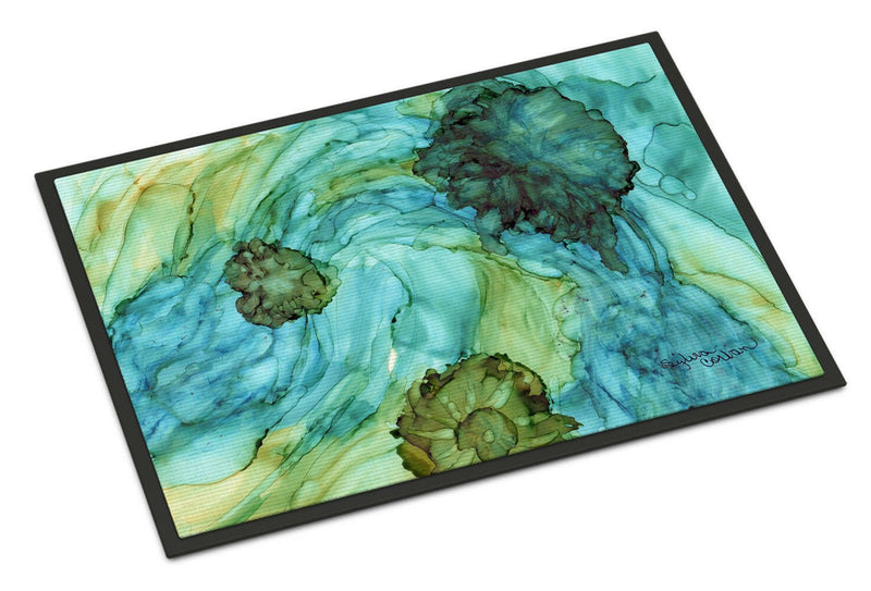 Abstract in Teal Flowers Indoor or Outdoor Mat 24x36 8952JMAT