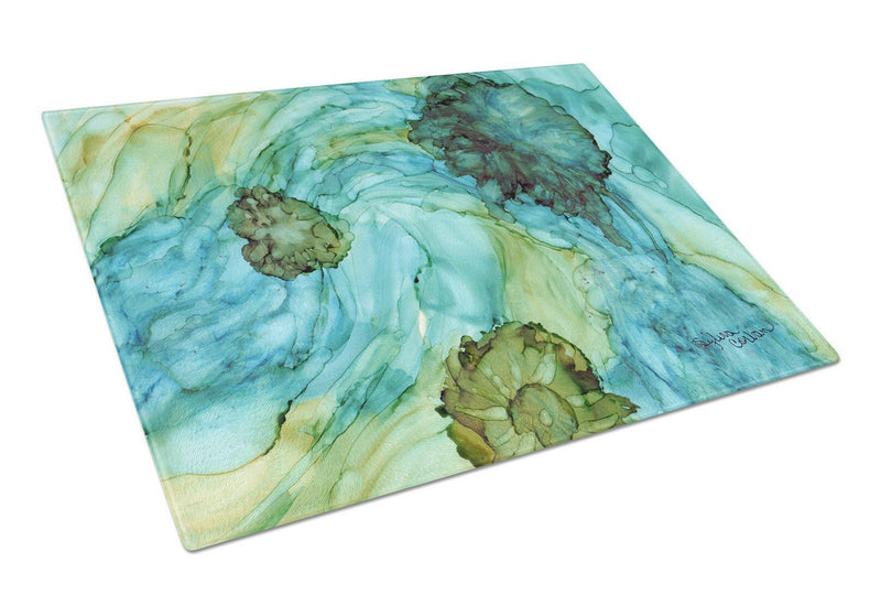 Abstract in Teal Flowers Glass Cutting Board Large 8952LCB