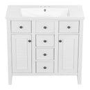 36" Bathroom Vanity with Ceramic Basin, Two Cabinets and Five Drawers, Solid Wood Frame, White