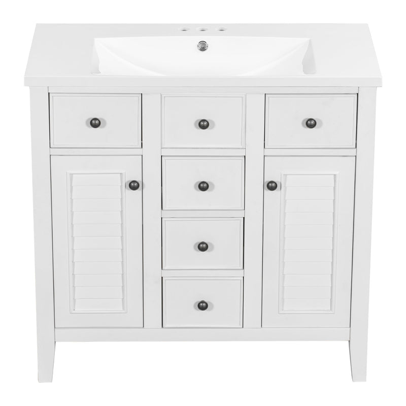 36" Bathroom Vanity with Ceramic Basin, Two Cabinets and Five Drawers, Solid Wood Frame, White