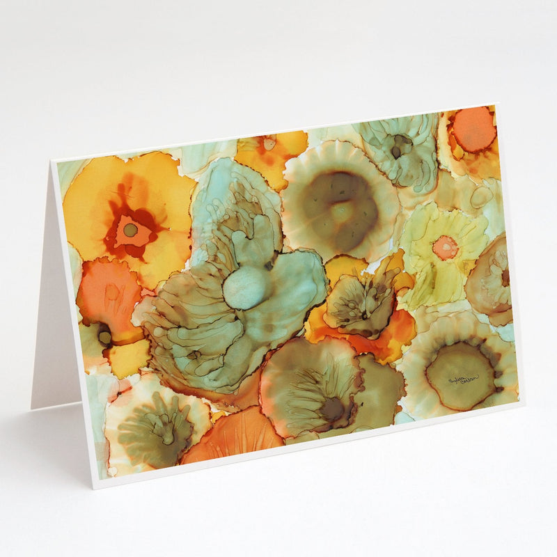 Abstract Flowers Teal and orange Greeting Cards and Envelopes Pack of 8