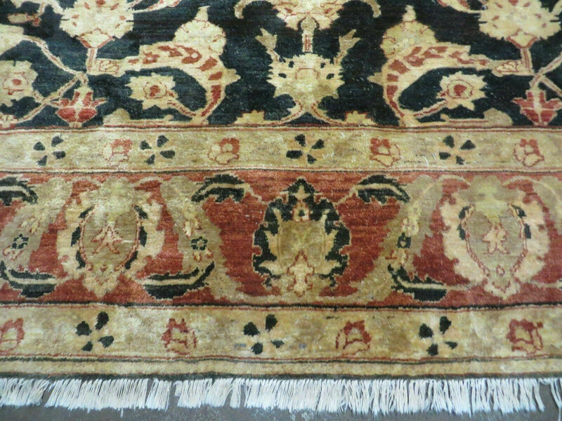 8' X 9' Handmade Pakistan Wool Cotton Rug Peshawar Black Floral Nice