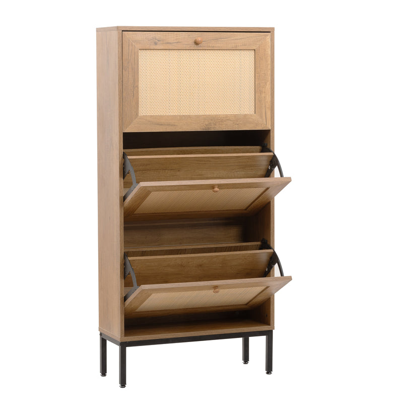 3 Flip Drawer Shoe Cabinet Rattan Shoe Cabinet Organizer Freestanding Shoe Rack Storage Cabinet with Metal Legs for Entryway Hallway Bedroom Mudroom