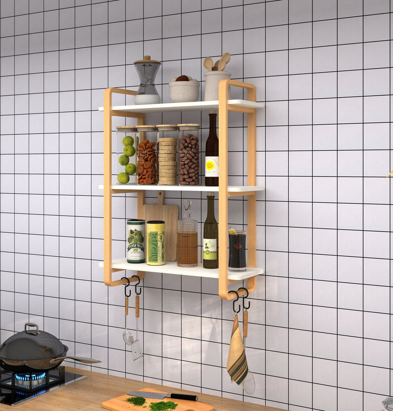 3-tiers Wood Bookcase, Wall Mount Open Bookshelf Furniture with Solid Wood Frame