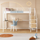 Twin Loft Bed with Desk and Storage Wardrobe, Heavy Duty Loft Bed with Stairs and Metal Grid, Twin Size Loft Bed, No Box Spring Needed, White Loft Bed Twin Size-White
