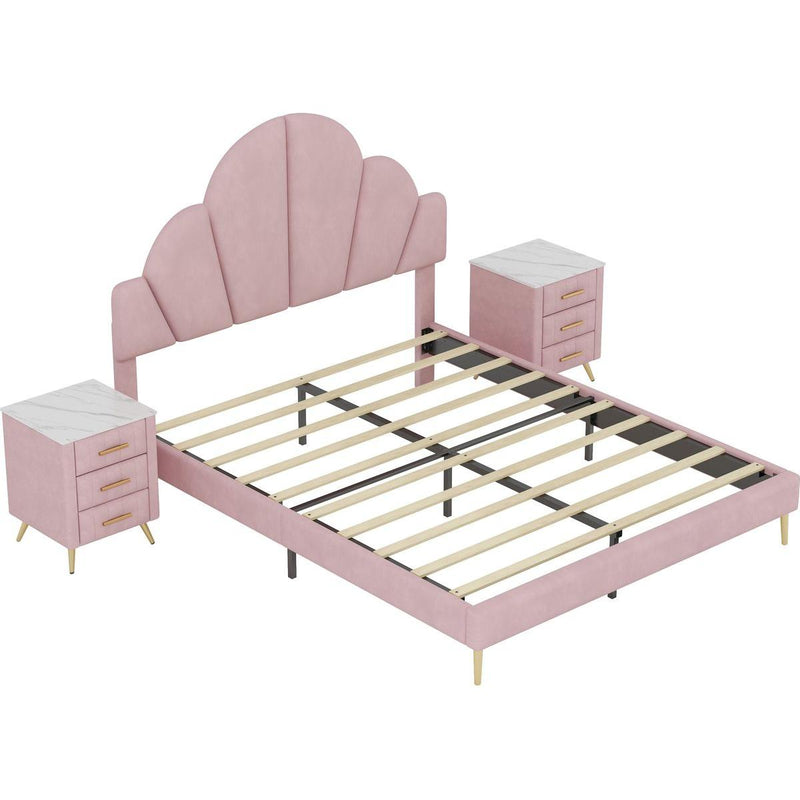 3 Pieces Bedroom Sets, Queen Size Modern Velvet Upholstered Bed Frame with  Petal Shape Headboard, 3 Drawers Nightstands, Pink
