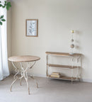 3 Tiered Wooden Shelving Unit With Ornate Iron Frame - Multicolor