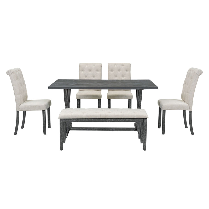6-Piece Retro Rectangular Dining Table Set, Table with Unique Legs and 4 Upholstered Chairs & 1 Bench for Dining Room and Kitchen (Gray Wash)