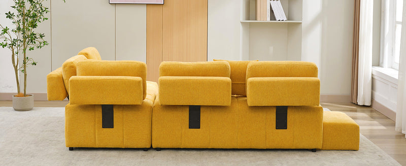 91.73" L-shaped Sofa Sectional Sofa Couch with 2 Stools and 2 Lumbar Pillows for Living Room, Yellow