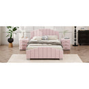 3 Pieces Bedroom Sets Full Size Velvet Upholstered Platform Bed Vertical Channel Tufted Headboard and Two Three-drawer Nightstands,Pink