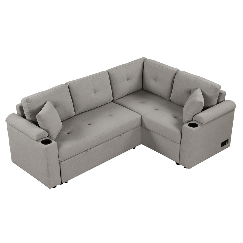87.4" L-shape Sofa Bed Pull-out Sleeper Sofa with Wheels, USB Ports, Power Sockets for Living Room, Grey