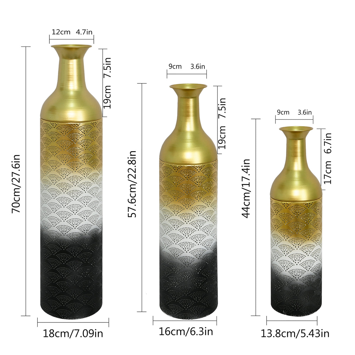 Decorative Metal Vases Set of 3, Leaf Pattern Floor Vases, photo 2 of 10