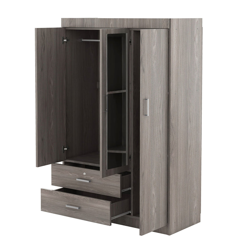 3-Door Mirror Wardrobe with shelves, Gray