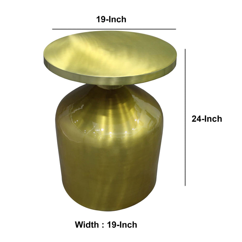 24 Inch Metal Frame End Table with Round Top and Bottle Shape Base, Gold