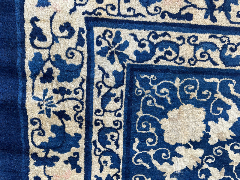 Hand-Knotted Antique Chinese Peking Wool Rug – 9’ x 11’5” – Distressed Blue, 19th Century