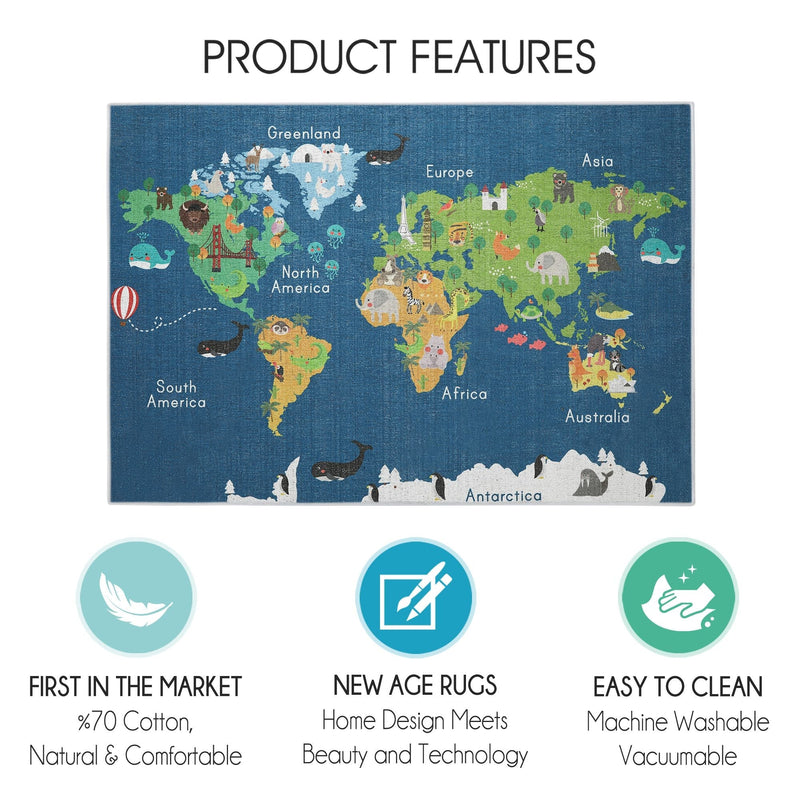 Low Pile- Non-Slip- Educational Kids Rug for Playroom |World Map Pattern |39.5 x 59 Inches