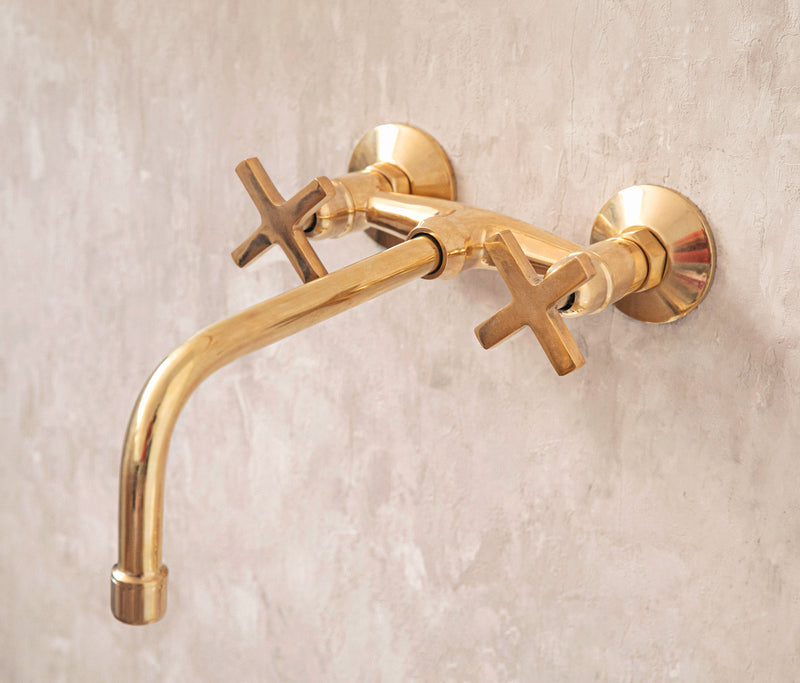 Timeless Unlacquered Brass Wall-Mounted Faucet with Elegant Cross Handles - BRASSMA