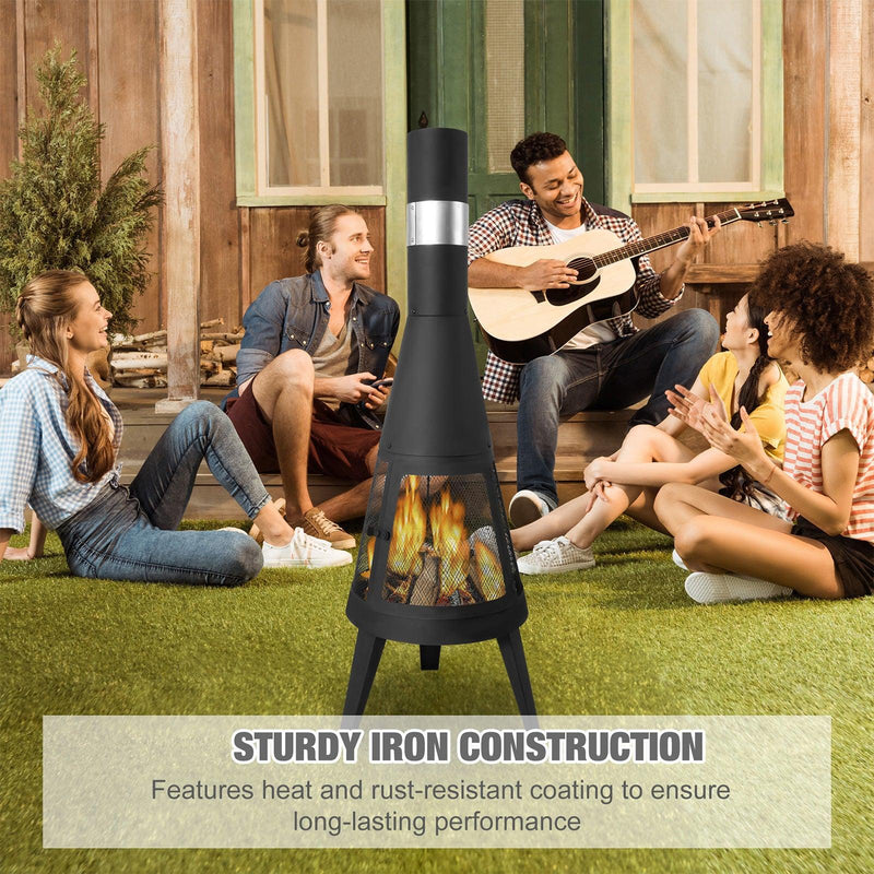 Chiminea Outdoor Fireplace 47.6" Metal Wood Burning Fire Pit with Log Grate, Black